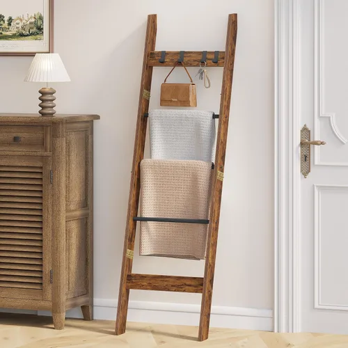 Miniatura 4 de Hzuaneri Escalera para Mantas para Sala de Estar, Estante Decorativo para Colchas con 4 Ganchos Desmontables, Organizador de Estante Soporte