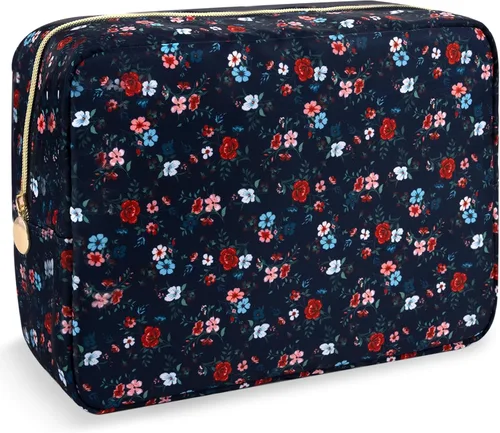 Miniatura 53 de izuzta Bolsa de maquillaje pequeña de nylon para bolso, linda bolsa de cosméticos con cremallera, bolsa de maquillaje preppy, Azul, Mini 2-Azul