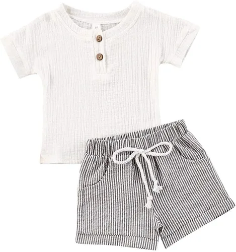 MAYUMMPY Conjunto de pantalones cortos de lino de algodón para niños y niñas, color sólido, camisas con botones, tops y pantalones cortos, ropa de