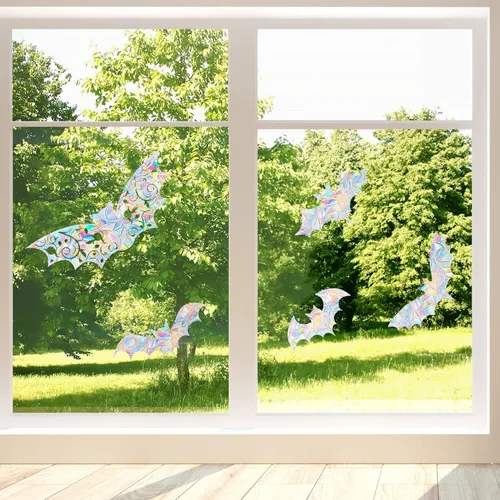 Miniatura 4 de AREAWA Pegatinas para ventana de arcoíris, 8 unidades, murciélagos, calcomanías de vinilo prismáticas no adhesivas, disuasorio de golpes de pájaros