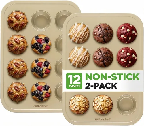 NutriChef Moldes antiadherentes para magdalenas de 12 tazas para cupcakes, molde de 2 piezas para cupcakes, bandeja apilable de acero al carbono no