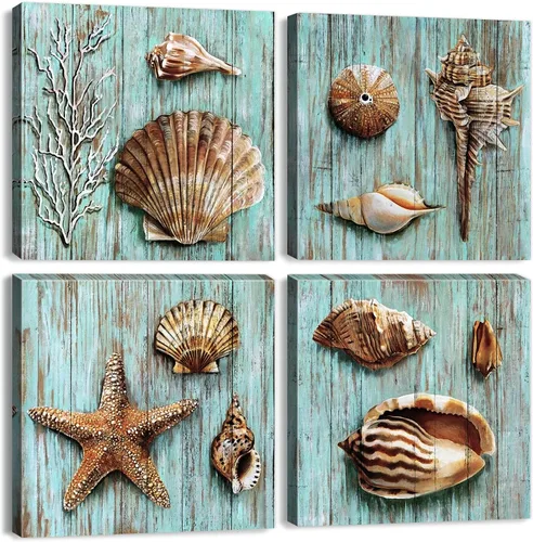 Miniatura 26 de YOOOAHU - 4 unidades de arte de pared de impresión en lienzo con diseño de océano, animales marinos, tortuga marina, caballito de mar, ballena, Verde
