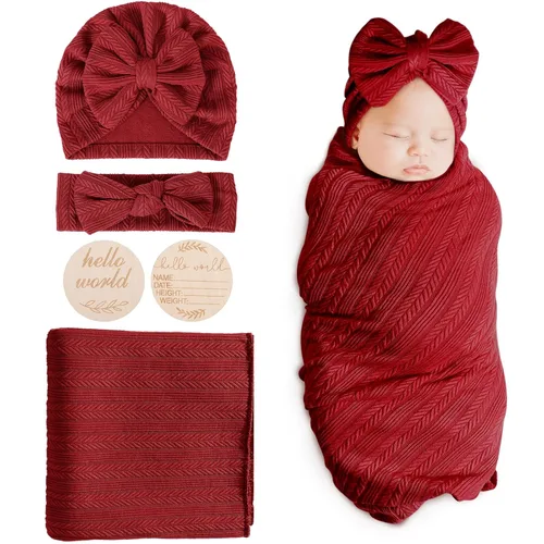 Miniatura 10 de DRESHOW BQUBO Mantas envolventes para bebés niñas, juego de 4 accesorios para recién nacidos con gorro a juego y cinta con moño con tarjeta de 1