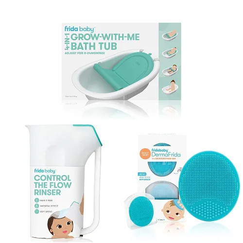Frida Baby 4 en 1 Grow-with-Me - Bañera y enjuague de polipropileno ABS Control The Flow y cepillo de silicona DermaFrida The SkinSoother, esencial