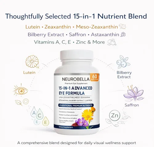 Miniatura 4 de Neurobella Eye Formula, suplemento diario de bienestar ocular 15 en 1 con luteína, zeaxantina, arándano y vitaminas, fórmula de cápsula limpia