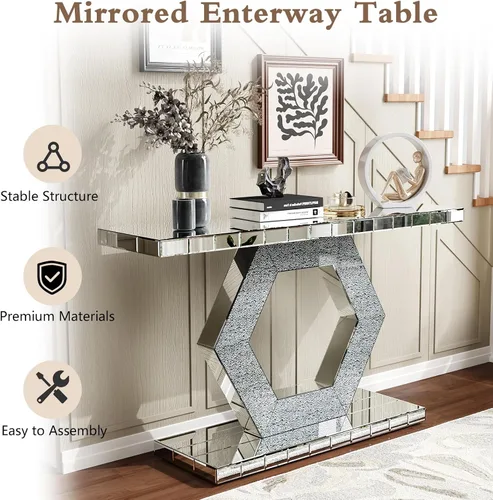 Miniatura 8 de Mesa consola con espejo de 55 pulgadas, mesa larga para sofá de sala de estar, oficina, detalles de cristal de diseño hexagonal, moderno escritorio