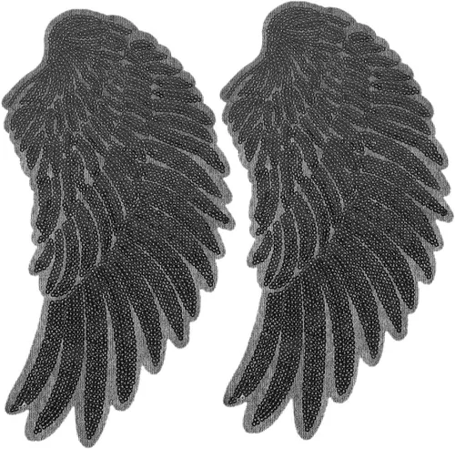Artibetter Angel Wing Embroidery Sequin Patches 2pcs Medium Black Iron-on Applique for DIY Clothing Repair and Decoration, Large Sewing Supplies for