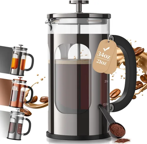 Veken Cafetera de prensa francesa de 34 onzas, cafetera sin contacto de plástico, cafetera de acero inoxidable de vidrio grueso, cafetera de Pieltre