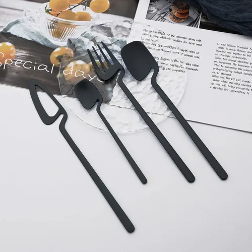 Miniatura 3 de Juego de cubiertos de 28 piezas para 4, color negro mate con cuchara de mango largo, cucharilla, tenedor de frutas, juego de utensilios de cocina
