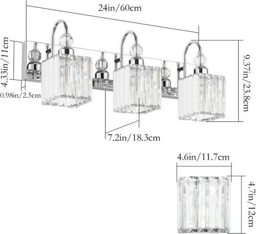 Miniatura 5 de Ralbay Lámpara de tocador de baño de cristal cromado, 3 luces, lámparas de pared modernas de 24 pulgadas Cuadrado-Cromo