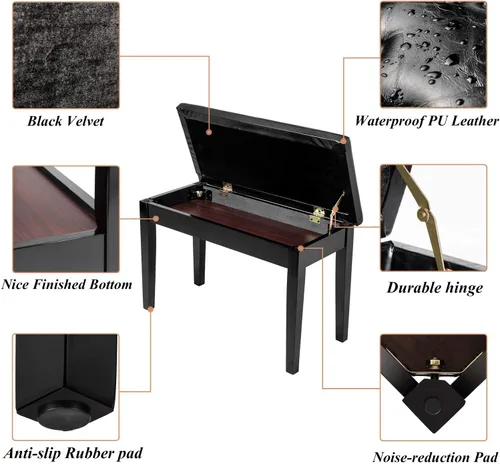 Miniatura 3 de Bonnlo - Banco de piano doble/dúo de madera con almacenamiento y cojín grueso, banco de piano acolchado de piel sintética para artista, asiento
