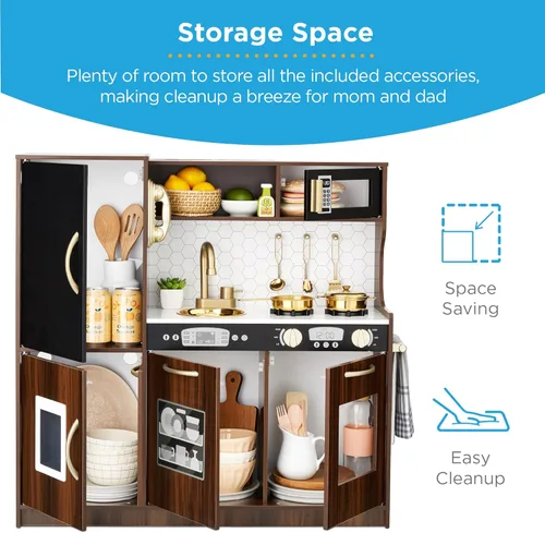 Miniatura 6 de Best Choice Products - Set de cocina de madera de juguete, juego de simulación para niños con diseño realista, teléfono, utensilios, horno, Espresso