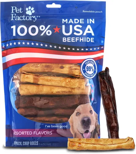 Pet Factory 100% Hecho en EE. UU. Rollos de Chip de Cuero de Res de 5" Mordedores para Perros - Sabor a Carne y Pollo, 18 Unidades/1 Paquete