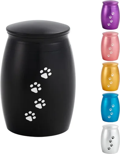 Urnas de cremación pequeñas de 2.67 pulgadas para cenizas de perros o gatos, mini recuerdo de cenizas negras para mascotas con huella de pata