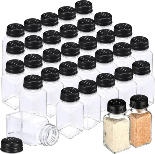Bokon Juego de 48 cocteleros de vidrio para sal con tapas de acero inoxidable de 2.7 oz, coctelero pequeño para especias para cocina, restaurantes y