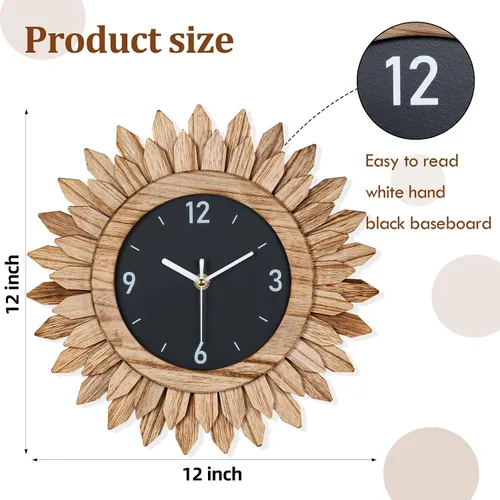 Miniatura 5 de Honiway Reloj de pared a pilas de 12 pulgadas, de madera rústica, bohemio, con diseño sunburst, reloj de pared decorativo silencioso sin tictac