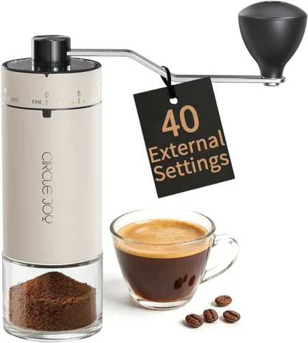 CIRCLE JOY Mini molinillo de café manual con 40 ajustes externos ajustables y rebabas cónicas de cerámica, molinillo de café portátil de acero