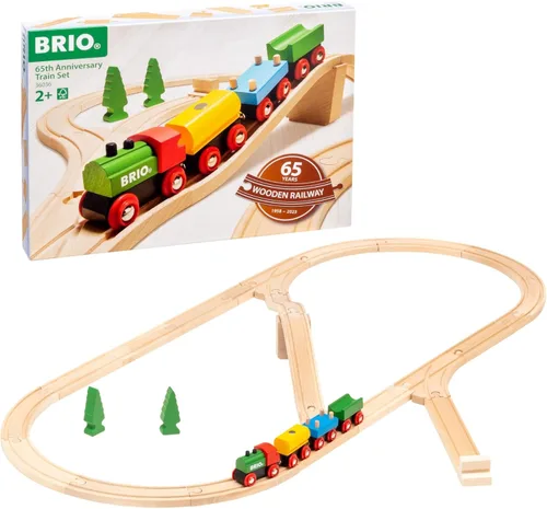 BRIO Juego clásico de tren de madera del 65 aniversario – Juego de trenes de madera con certificación FSC de 32 piezas – Incluye trenes de madera,