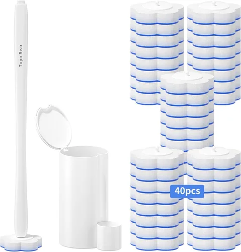 Topo Bear Cepillo desechable para inodoro con 40 recambios de varita de inodoro, varitas limpiadoras de inodoro, kit de inicio de sistema de