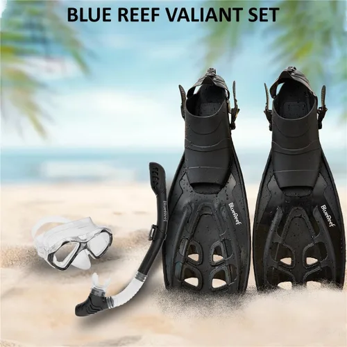 Blue Reef Sentinel Snorkel Mask Set, Snorkeling Gear for Adults Set Includes Sentinel Black Mask w/Twin Tempered Glass, Cortes Dry Snorkel, Bay Fins