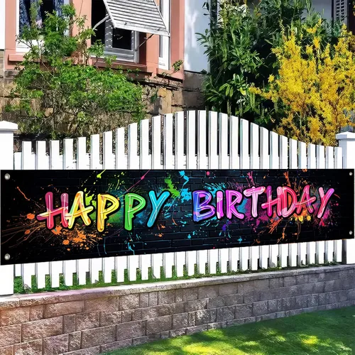 Miniatura 3 de BlissYard Cartel de feliz cumpleaños con diseño colorido de grafiti salpicaduras, vibrante y divertido, 118 x 20 pulgadas para fiesta de cumpleaños