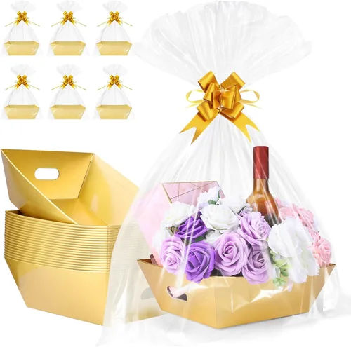 Miniatura 23 de AFOROEOA Paquete de 10 cestas vacías para regalos, cesta de regalo de papel kraft de 10 x 12 pulgadas de grosor con 10 lazos, 10 bolsas vacías