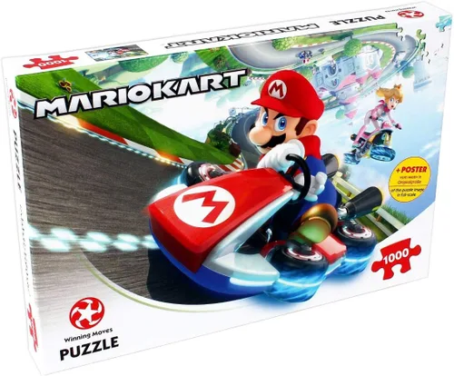 Winning Moves Mario Kart Funracer - Juego de rompecabezas de 1000 piezas, reúne la icónica escena de Mario Kart, contiene un póster a escala