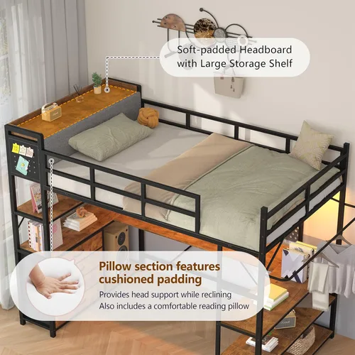Miniatura 4 de Cama elevada de tamaño individual con almacenamiento y cabecero tapizado, estructura de cama elevada de metal con escritorio en forma de U y luces