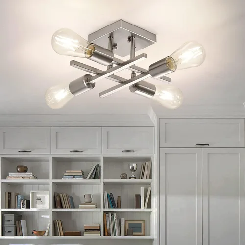Miniatura 2 de Lámpara de techo industrial de 4 luces, semiempotrada, moderna lámpara de araña de níquel cepillado, lámpara de techo Sputnik con base de bombilla