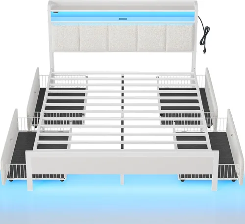 Miniatura 20 de Rolanstar Armazón de cama tamaño completo con estación de carga y luces LED, cabecera de almacenamiento tapizada con cajones, listones de metal