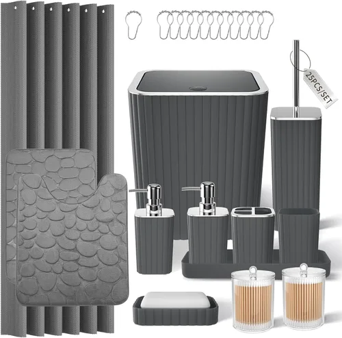 Miniatura 45 de XLHOMO Bathroom Set- 25PC Beige Bathroom Set, Bathroom Set with Shower Curtain and Rugs, Beige Shower Curtain Set, Toilet Brush, Bathroom Trash Can