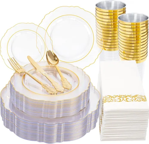 Miniatura 28 de KIRE - 30 platos de plástico azul con borde dorado y cubiertos desechables, vasos azules y servilletas de mano, vajilla de plástico azul Rosa claro