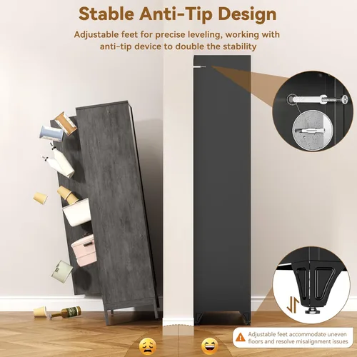 Miniatura 5 de Polup Armario de almacenamiento de metal de 75 pulgadas con puertas y estantes, gabinete de despensa de cocina negro, armario de almacenamiento alto