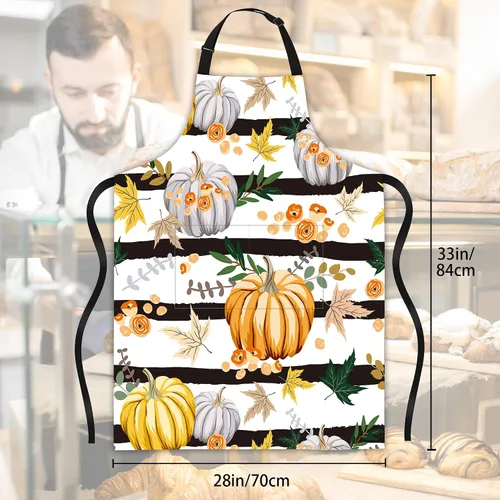 Miniatura 3 de Delantal de rayas de flores de calabaza con hojas de otoño, regalos para mujeres, delantal con cuello ajustable, impermeable, para mujeres