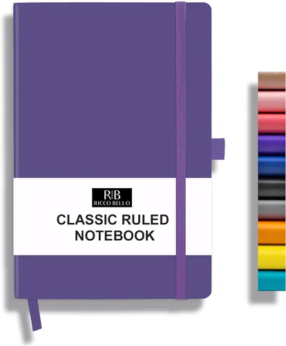 RICCO BELLO Cuaderno de Diario Rayado con Soporte para Bolígrafo, Tapa Dura de Piel Sintética, Rayado Universitario, para Trabajo, Notas | 96 Púrpura
