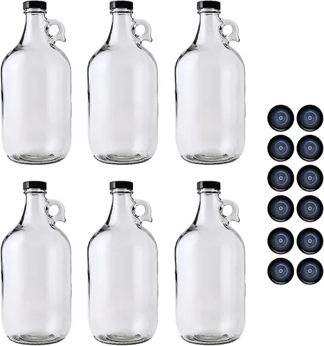 Fastrack Juego de 6 jarras de vidrio de medio galón (64 onzas) con 12 tapas de plástico y almohadilla de agarre para tarro negro, jarra multiusos de