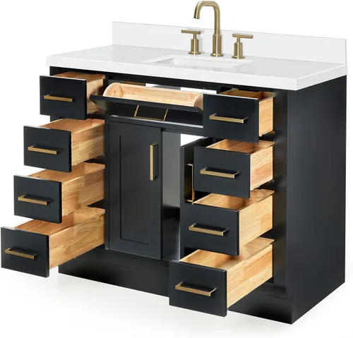 Miniatura 4 de DKB Isabella - Mueble de baño negro de 42 pulgadas con fregadero, lavabo rectangular, encimera de cuarzo blanco puro y protector contra salpicaduras