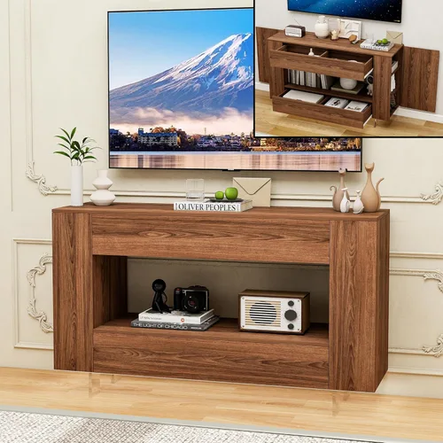 Miniatura 10 de Mueble de TV de alto brillo con 2 cajones grandes y puertas abiertas, moderno mueble de almacenamiento para consola de TV para sala de estar, Negro