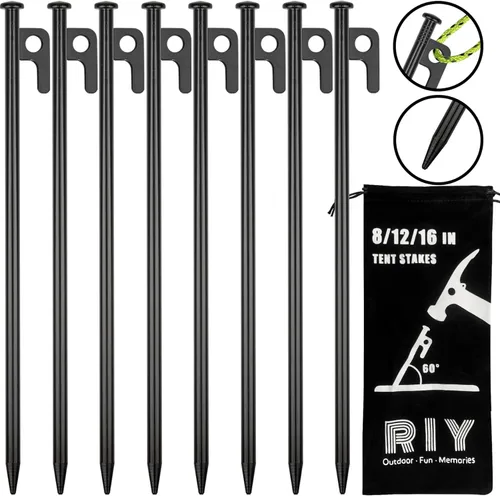 Paquete de 8 estacas de tienda de campaña resistentes de 12 pulgadas de acero para acampar irrompibles e inflexibles Negro