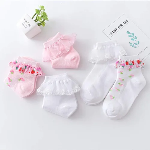 Miniatura 16 de Looching 4 pares de calcetines de encaje de princesa de algodón con volantes sólidos para niñas pequeñas