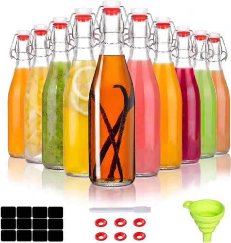 Botella de vidrio transparente con tapa abatible para tapas herméticas, paquete de 10 botellas de cerveza de 12 onzas con tapas abatibles, kombucha