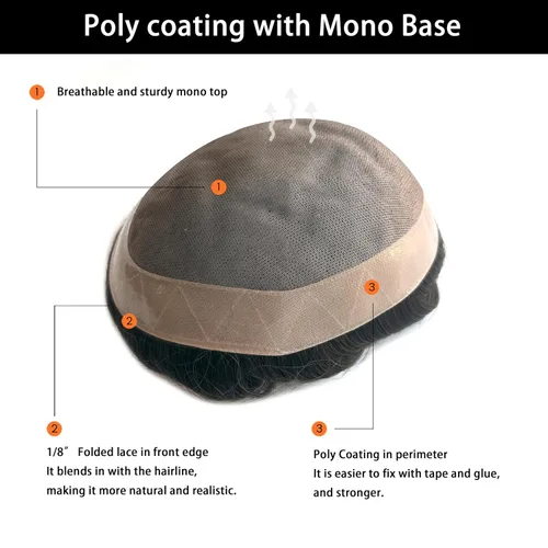 Miniatura 2 de Hywel Toupee para hombres con cabello humano 100% real, parte superior mono con revestimiento de poliéster alrededor de la gorra para hombre, piezas