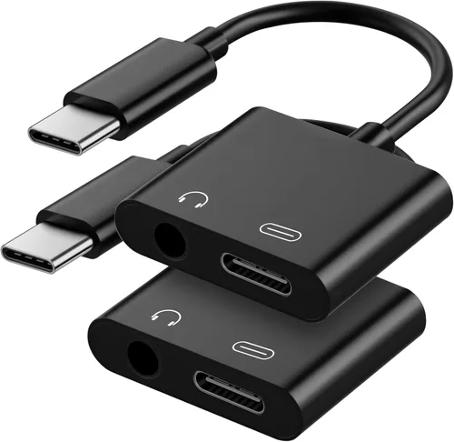 Adaptador de cargador y auriculares USB C a 0.138 in, paquete de 2 cables tipo C a conector auxiliar con carga rápida PD para iPhone 15/16/17 Negro