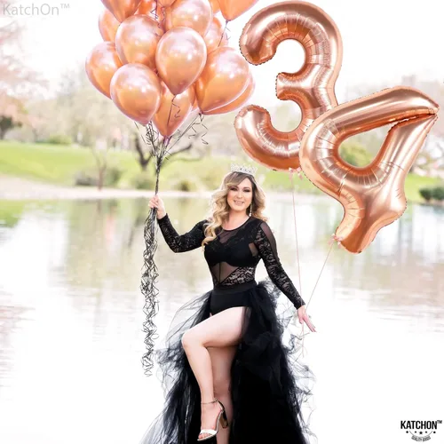 Miniatura 9 de Katchon, Globos gigantes de oro rosa con el número 34, 40 pulgadas, decoraciones de cumpleaños número 34 para mujer, globos de oro rosa del número