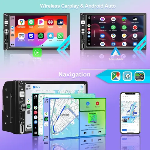 Miniatura 2 de Estéreo de Coche Inalámbrico Apple CarPlay de 7 Pulgadas Doble Din, Radio de Coche FM, Bluetooth 5.2, Pantalla Táctil IPS 1024 * 600, Cámara