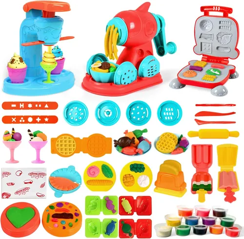 Aprilwolf Juego de 59 piezas de masa 3 en 1 para niños de 3 a 4 a 8 años, kit de herramientas de masa para manualidades de arte, juego de helado