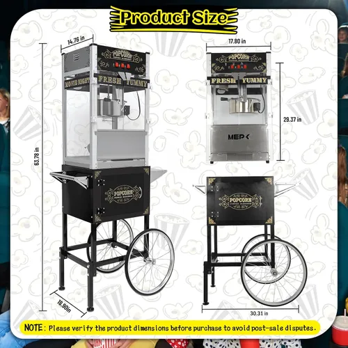 Miniatura 2 de Máquina vintage de palomitas de maíz con carro, hervidor de acero inoxidable de 20 onzas y luz de calentamiento, hace hasta 100 tazas, ideal