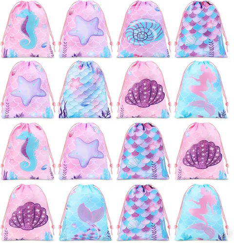 Clabby 16 mochilas con cordón de sirena a granel, bolsas de regalo de dulces, bolsas de golosinas para cumpleaños bajo el mar, decoración temática