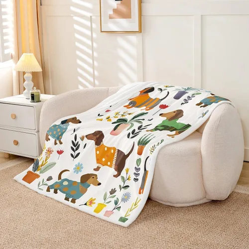 Miniatura 4 de Manta de perro salchicha de dibujos animados, bonita manta de felpa para decoración de sala de estar, flores de jardín en acuarela, sofá, cama