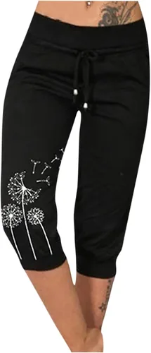 Miniatura 21 de Pantalones capri para mujer, estampado de diente de león, pantalones capri con cordón de cintura alta, elásticos, pantalones cortos de verano